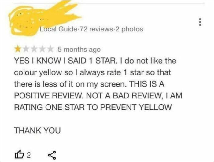 Elderly people using the internet; a funny review from a local guide rating 1 star to prevent yellow on screen.