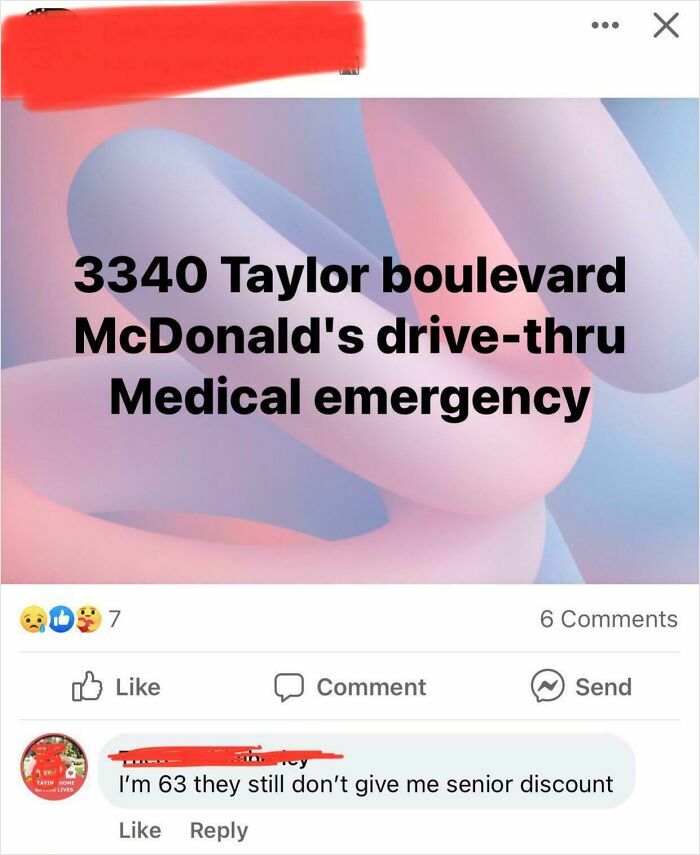 Elderly people using the internet; a comment on a post about a medical emergency, I'm 63 they still don't give me senior discount.