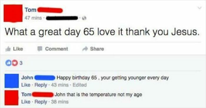 Elderly people showing funny internet blunders, a Facebook post about a 'great day 65' with a misunderstanding of age versus temperature.
