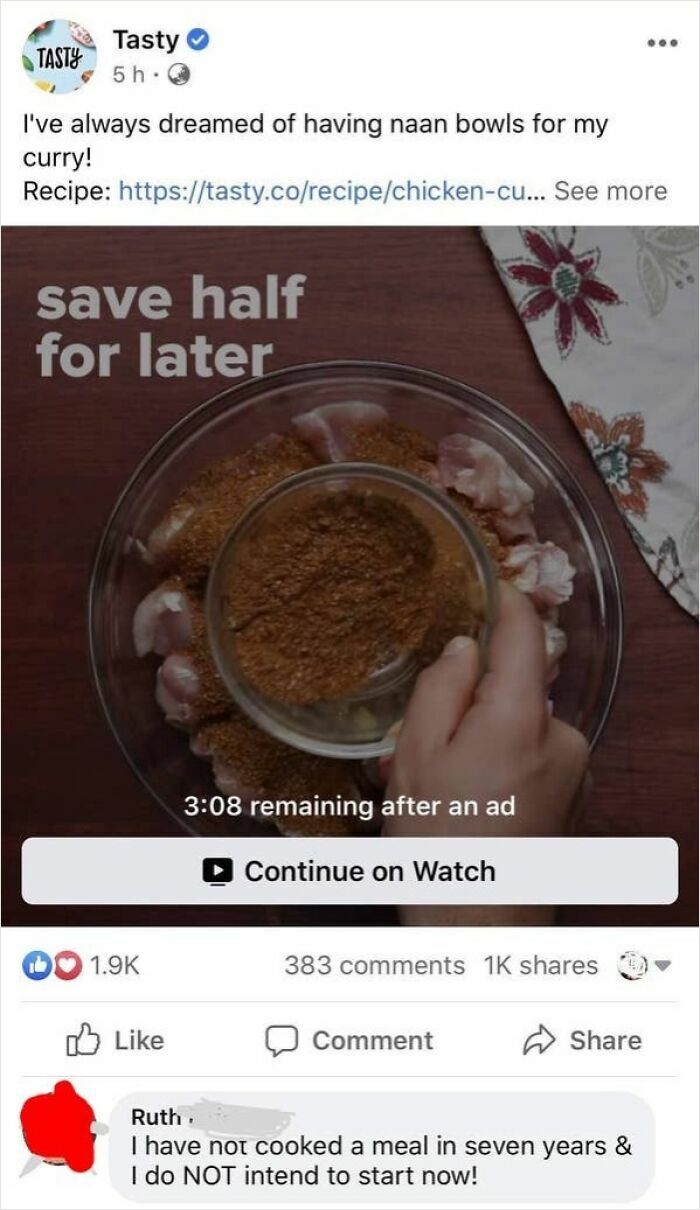 Elderly people hilariously misusing the internet, a Facebook cooking video with a funny comment about not cooking for seven years.