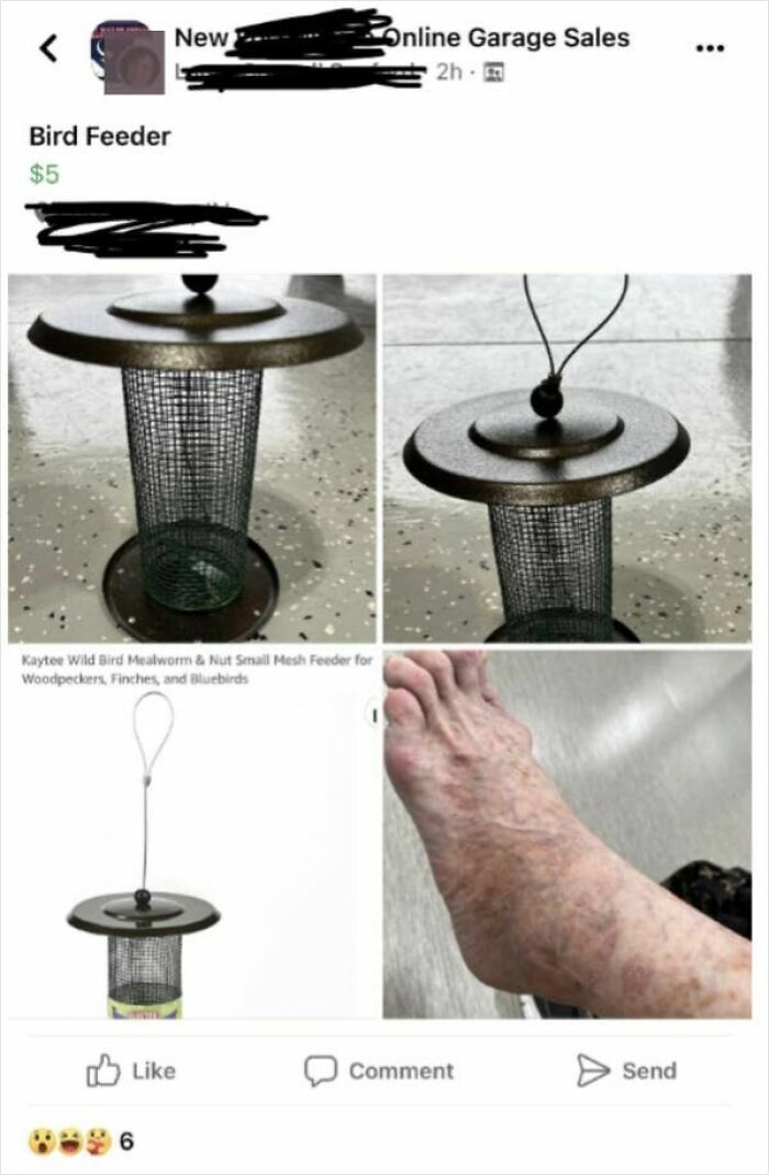 Elderly person hilariously posting an image of their foot instead of the bird feeder they are selling online.