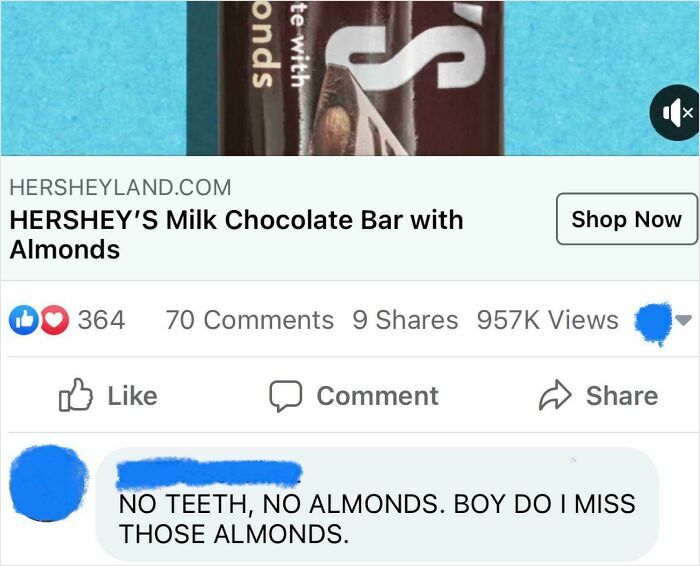 Elderly person hilariously lamenting not having teeth for almonds in a chocolate bar internet ad.