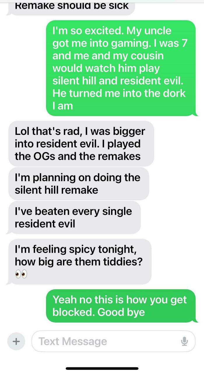 A screenshot of bad dating texts, ending with an inappropriate question after discussing video games.
