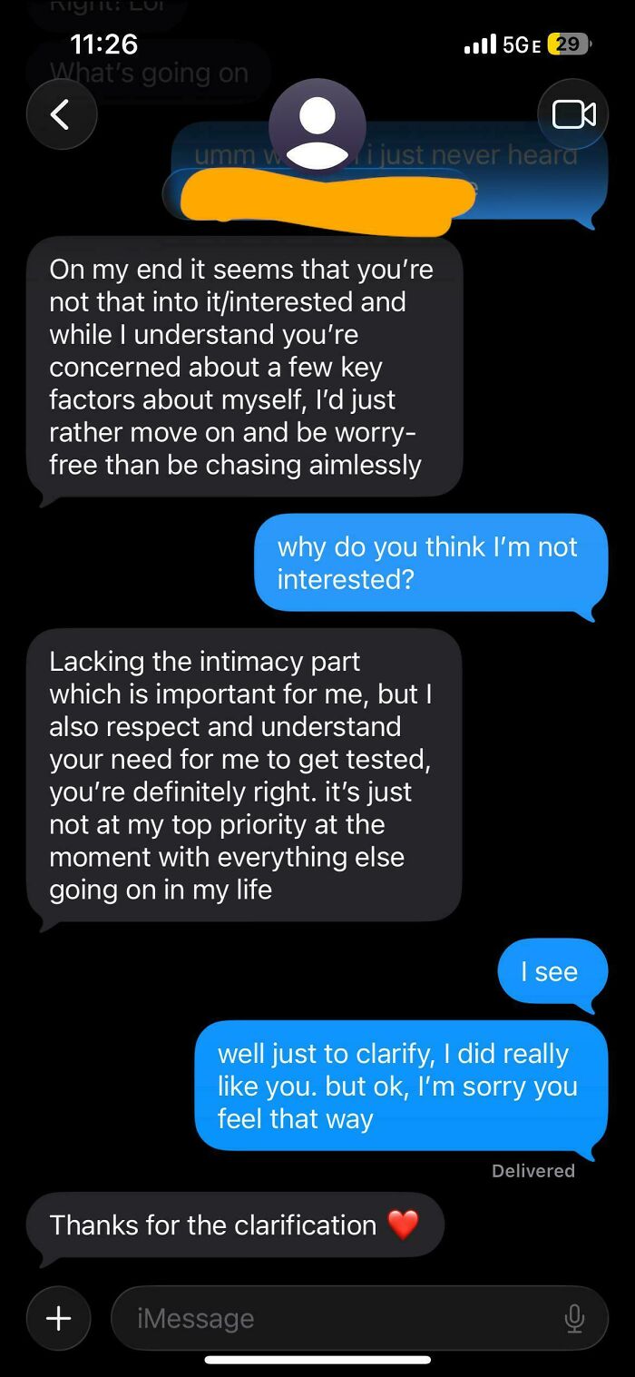 A screenshot of a dating text conversation discussing a lack of intimacy and one person not being interested, despite the other expressing interest.