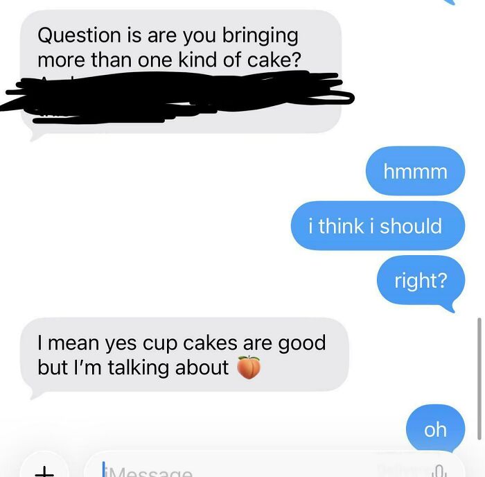 A screenshot of a dating text conversation about bringing different kinds of cake, with one person hinting at a peach emoji.