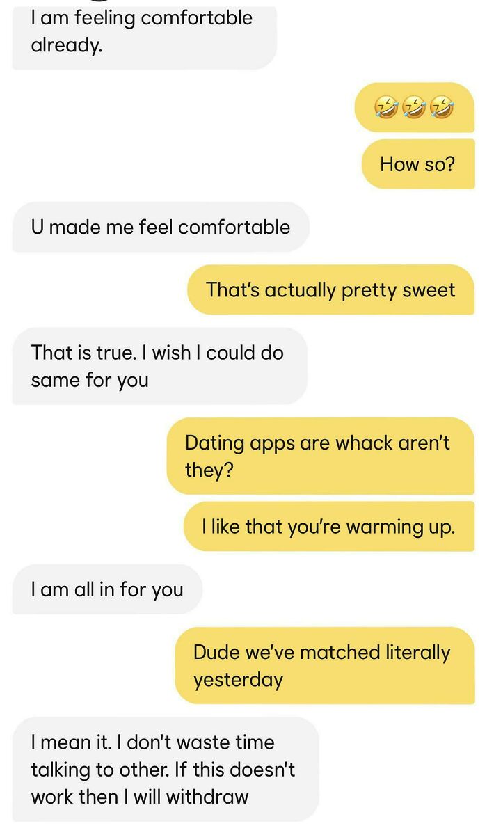 A screenshot of alarming dating texts, showing an intense and pushy message after a very recent match.