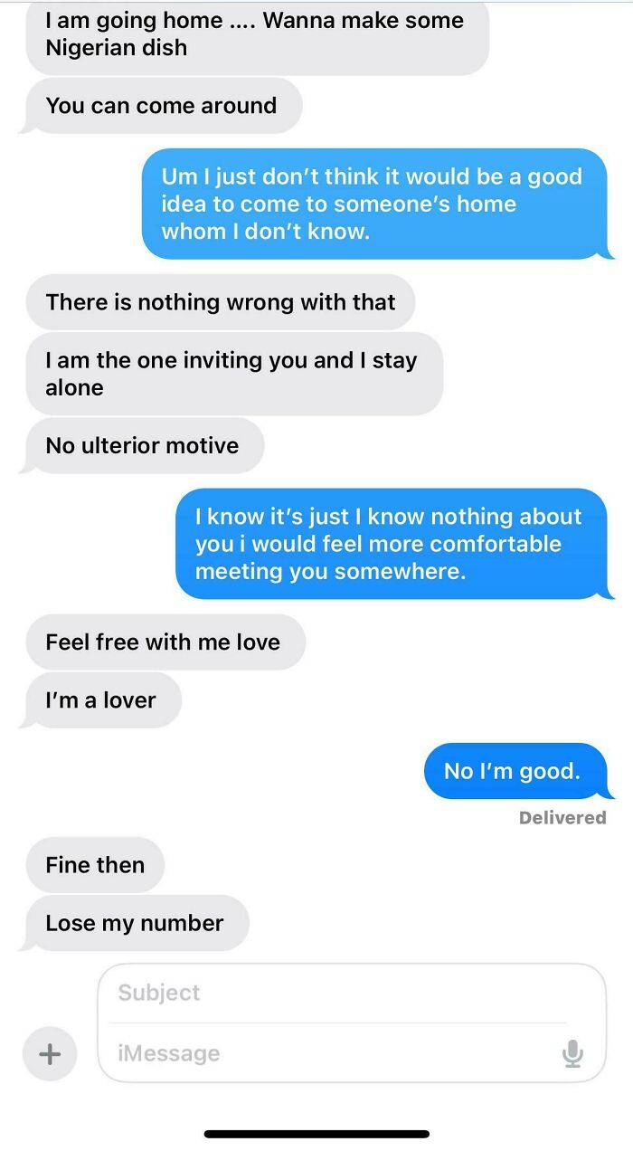 A screenshot of a dating text conversation that is so bad it might convince you to stay single, displaying a rejection.