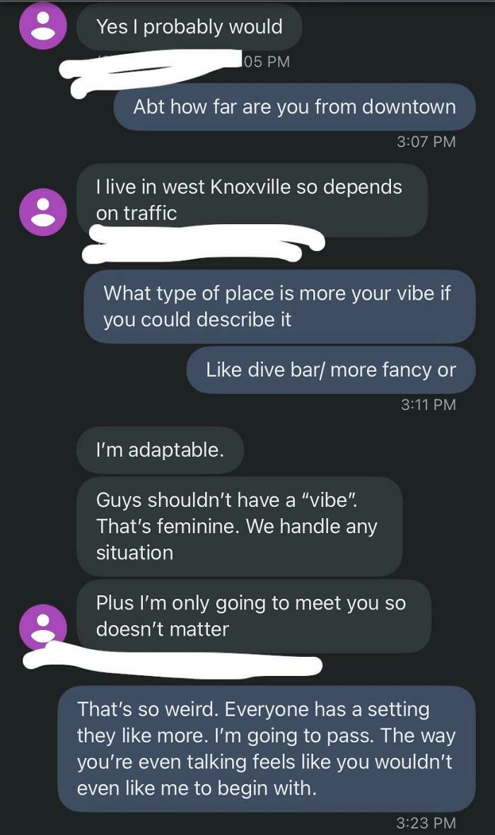 A screenshot of a dating text exchange that is so bad it might convince you to stay single, discussing 'vibes'.