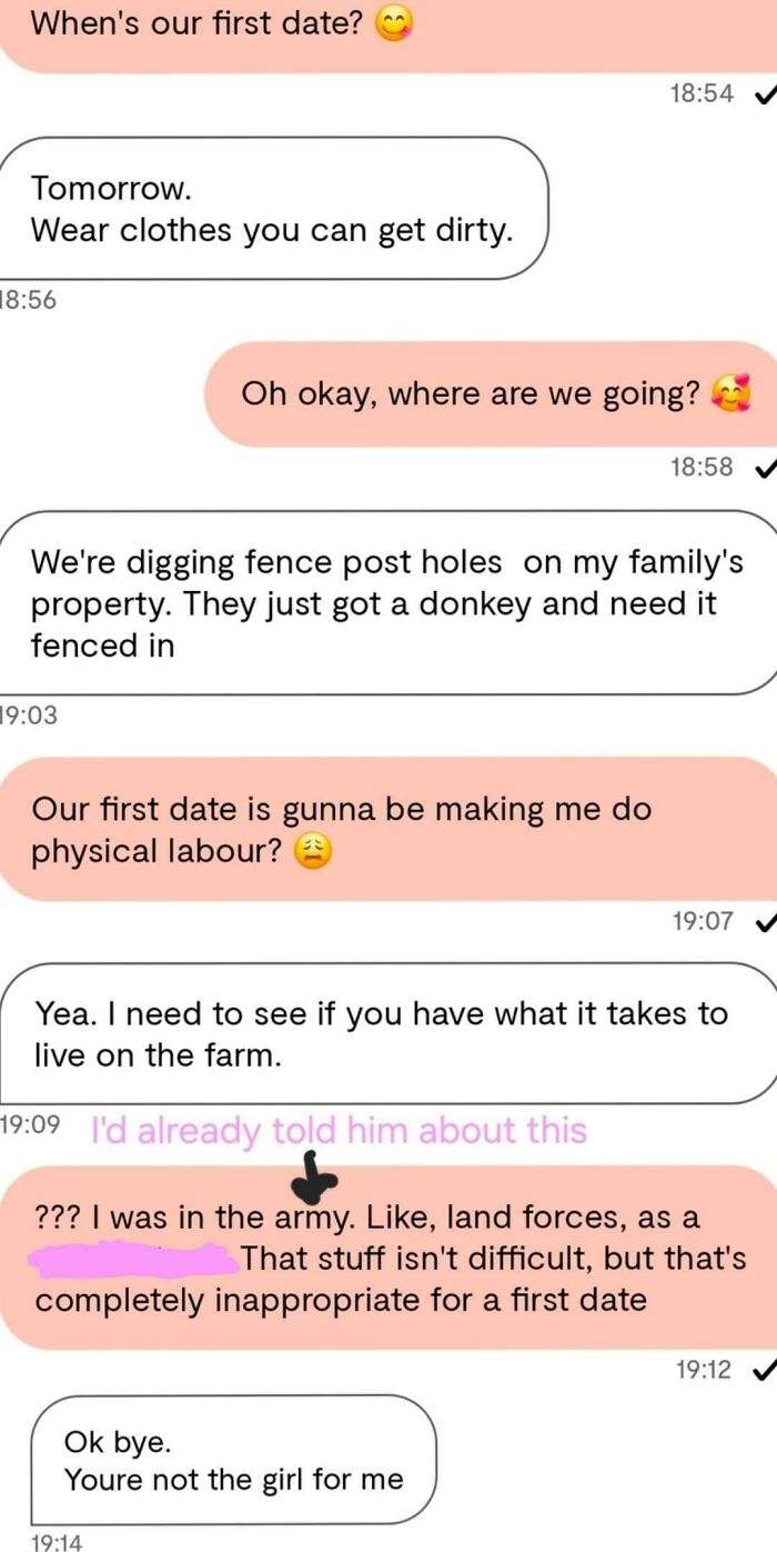 A screenshot of bad dating texts, where a first date involves digging fence post holes.
