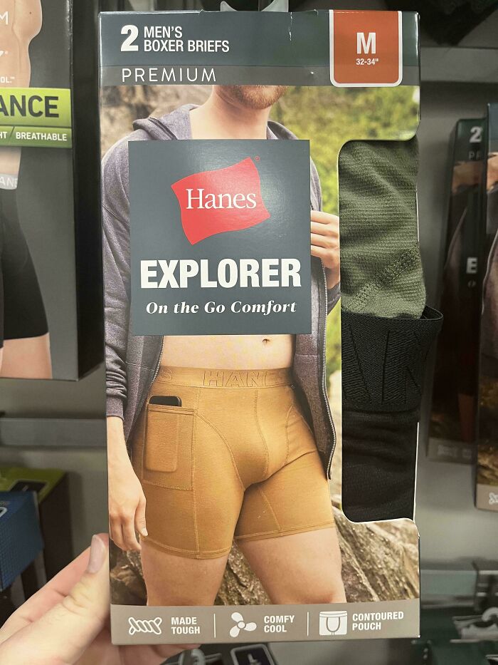 Hanes men's boxer briefs with a genius idea pocket for everyday problems, offering on-the-go comfort.
