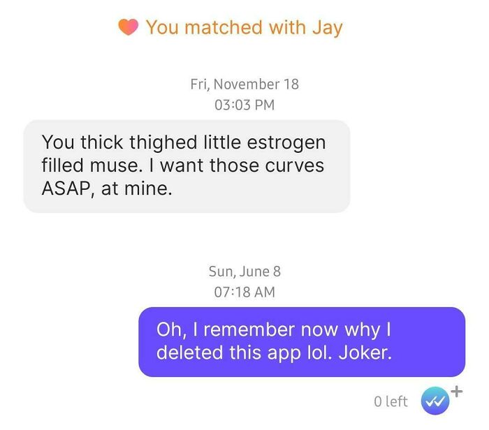 A screenshot of dating texts showing a bad and objectifying message from a match.