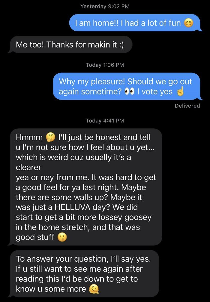 A screenshot of a dating text conversation showing a long, unclear, and bad response to a date proposal.