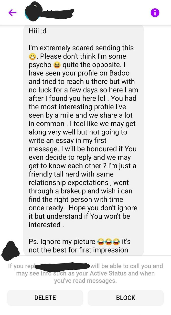 A lengthy, overly intense first message in dating texts that might convince someone to stay single.