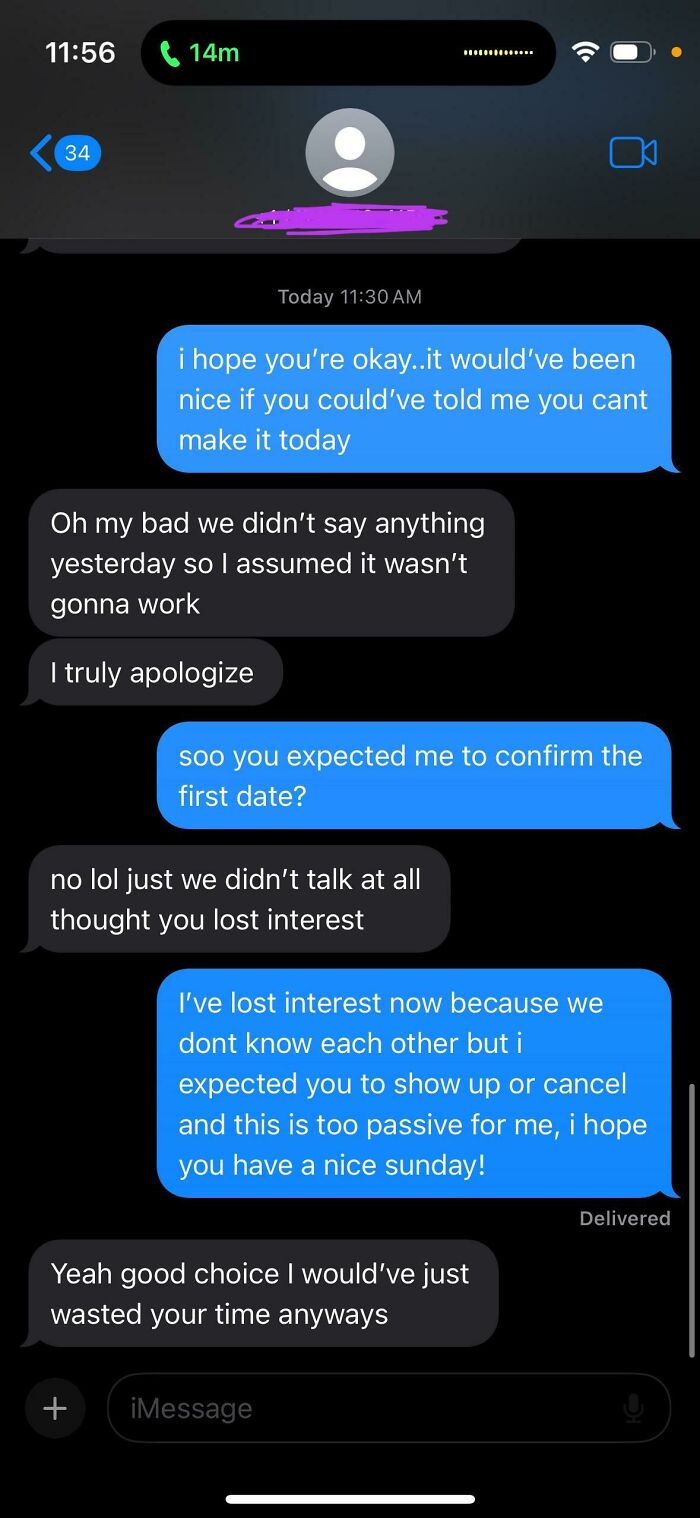 A screenshot of bad dating texts, depicting a disagreement about confirming a first date.