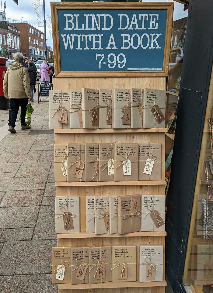 Outdoor bookstall offering blind date with a book, a simple business idea for surprising genius.