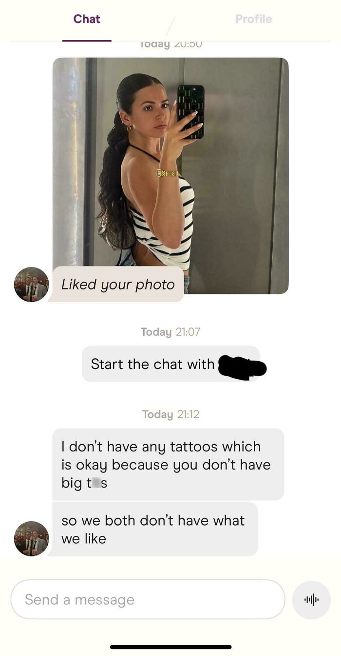 A screenshot showing bad dating texts that might convince you to stay single with an objectifying comment.