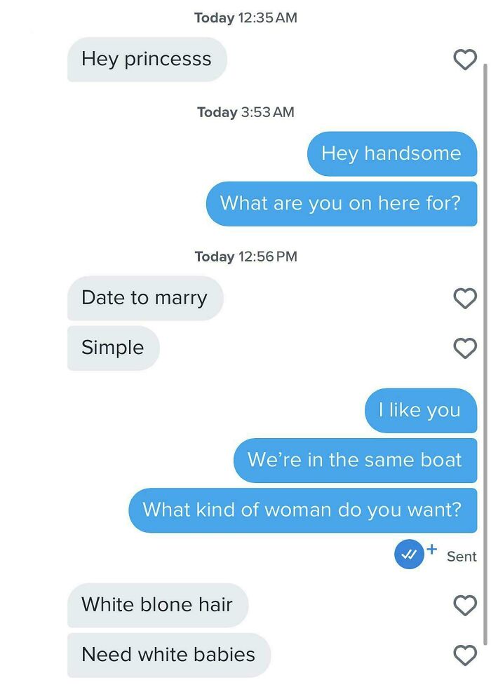Screenshot of a conversation with cringe dating texts, a person requesting white blonde hair and white babies.