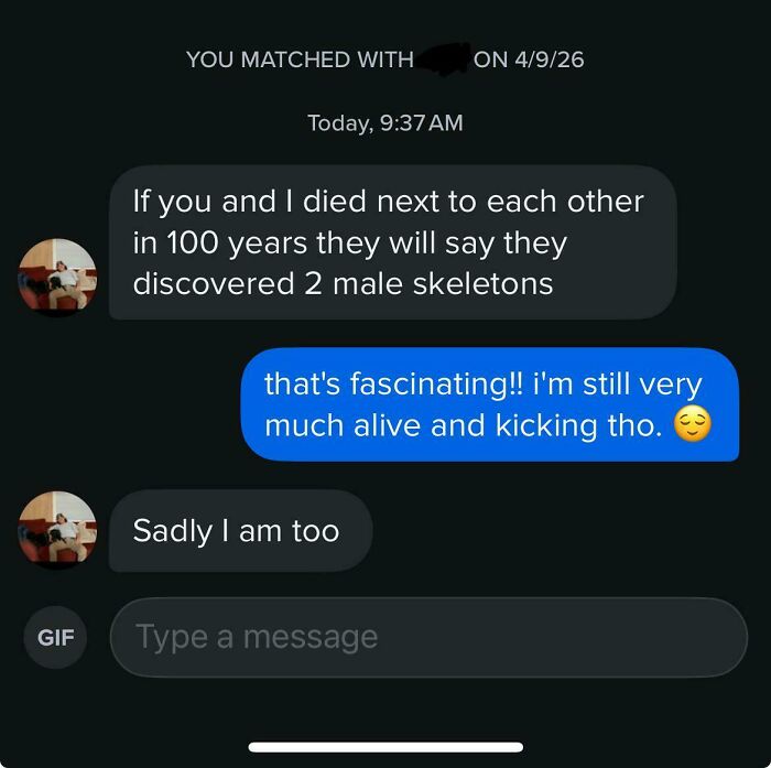 A screenshot of funny bad dating texts, with a person sending a bizarre opening line about skeletons.