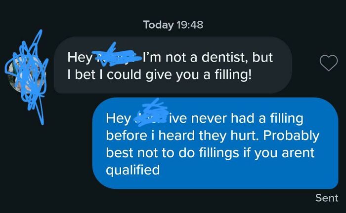 A screenshot of a dating text where a person makes a filling joke, receiving a humorous response.