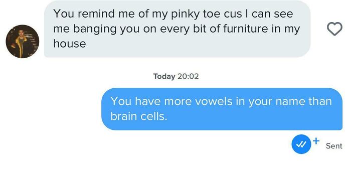 A screenshot of a dating text with an offensive pick-up line and a witty, insulting reply.