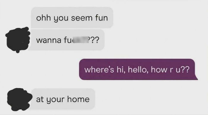 Screenshot of bad dating texts, with one message saying wanna f*** and another asking where's hi, hello, how r u??