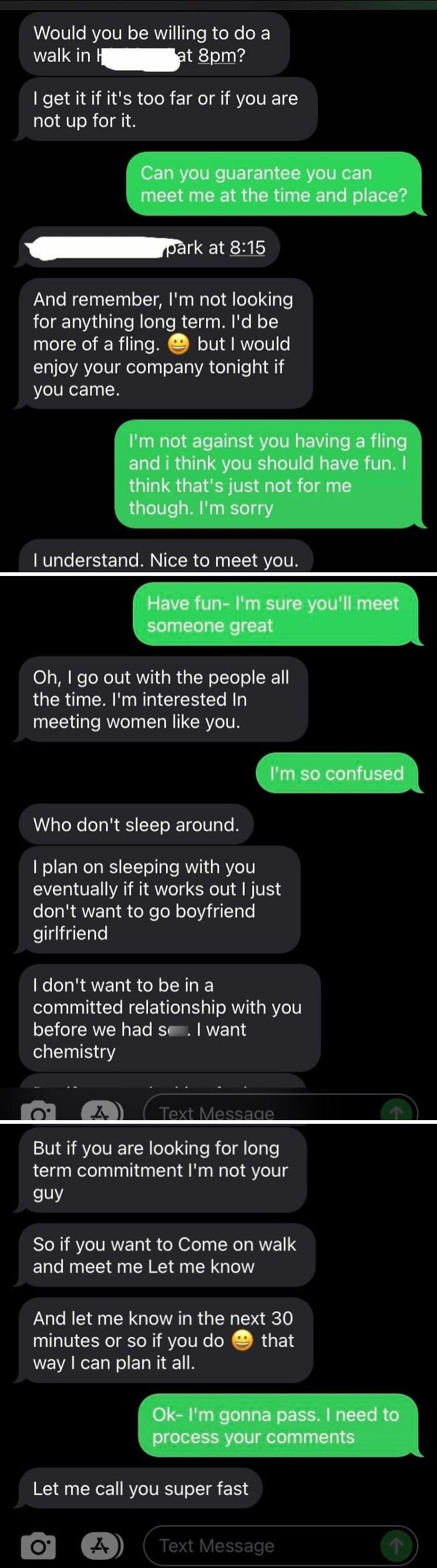 A screenshot of a series of bad dating texts with an awkward conversation about long-term commitment and sleeping arrangements.
