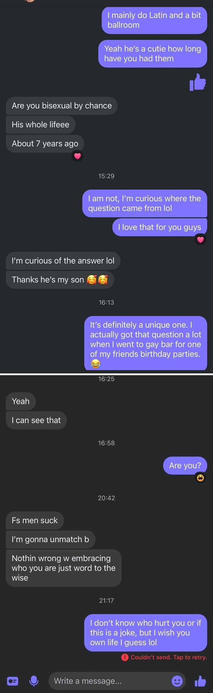 A screenshot of cringe-worthy dating texts, including a conversation about being bisexual and gender identity.