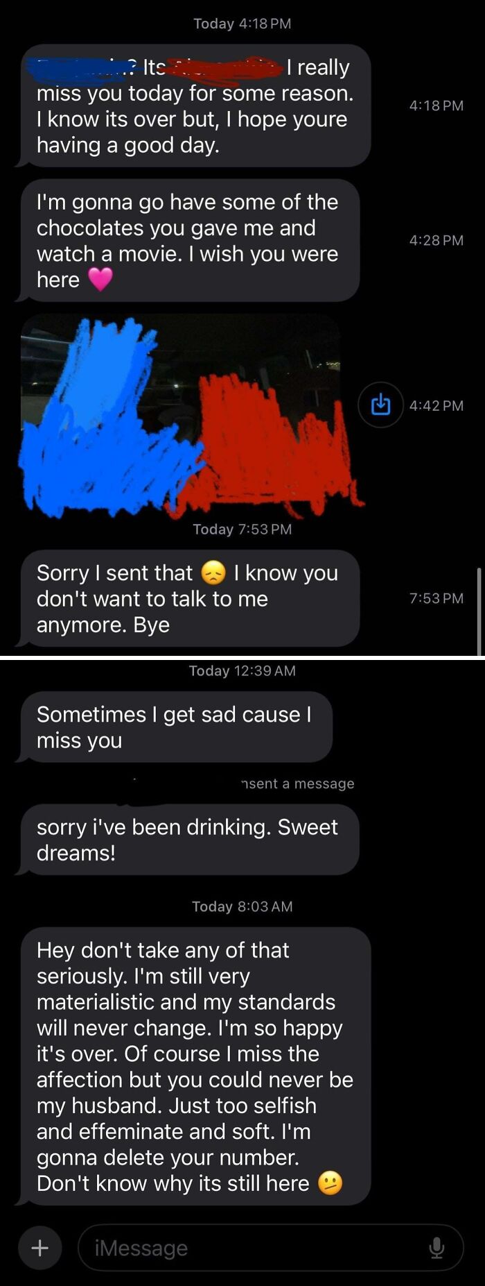 A screenshot of a series of bad dating texts showing a person expressing regret and sending mixed messages after drinking.
