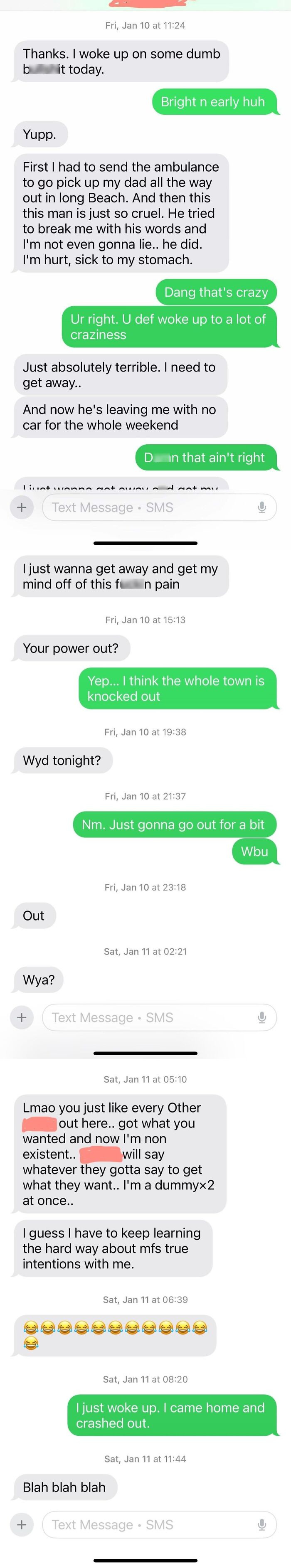 A screenshot of multiple bad dating texts, featuring a person making strange remarks about getting what you want.