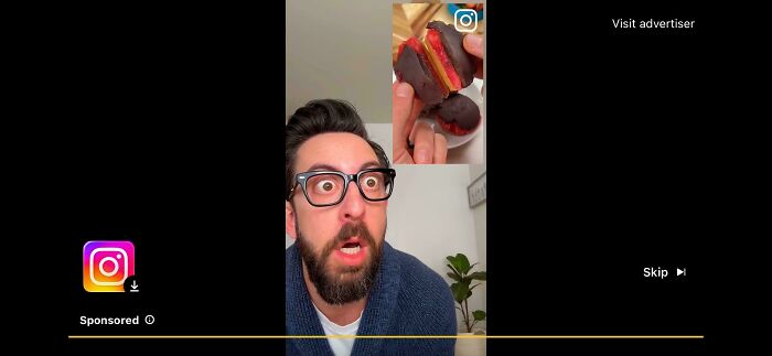Man with wide eyes reacting to a dessert commercial, expressing what people can't stand.
