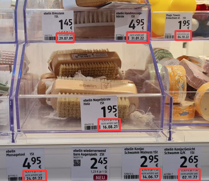 Retail shelf displaying various products with price tags, showing simple solutions for common needs.