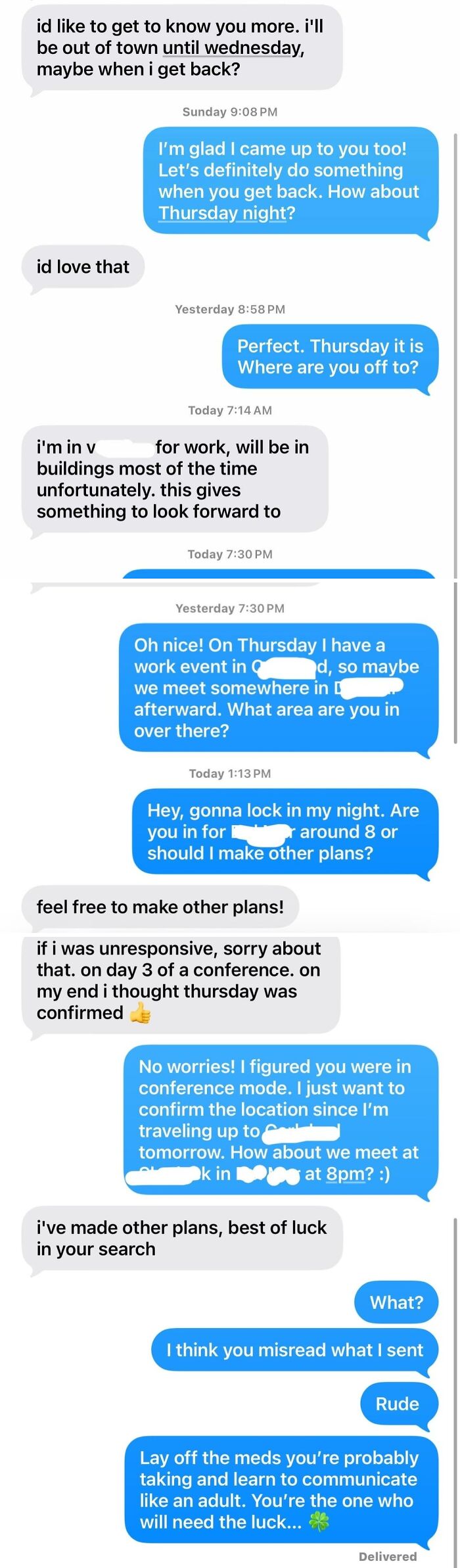 Multiple dating texts showing a conversation where plans are cancelled last minute, ending in rude dating texts and insults.