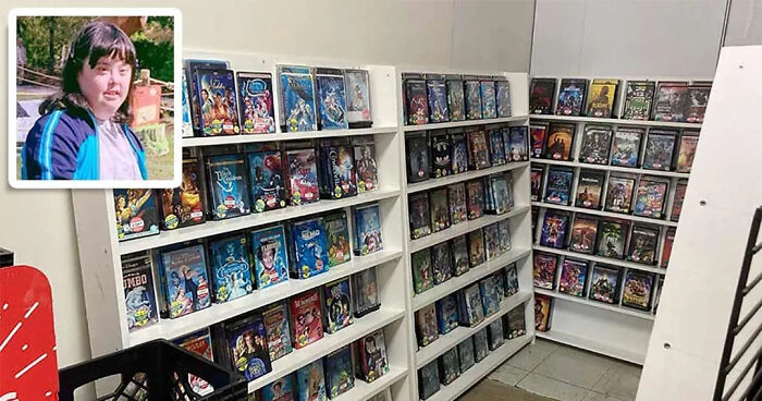 A young man in an inset picture beside shelves filled with movies, representing a business solving everyday problems.