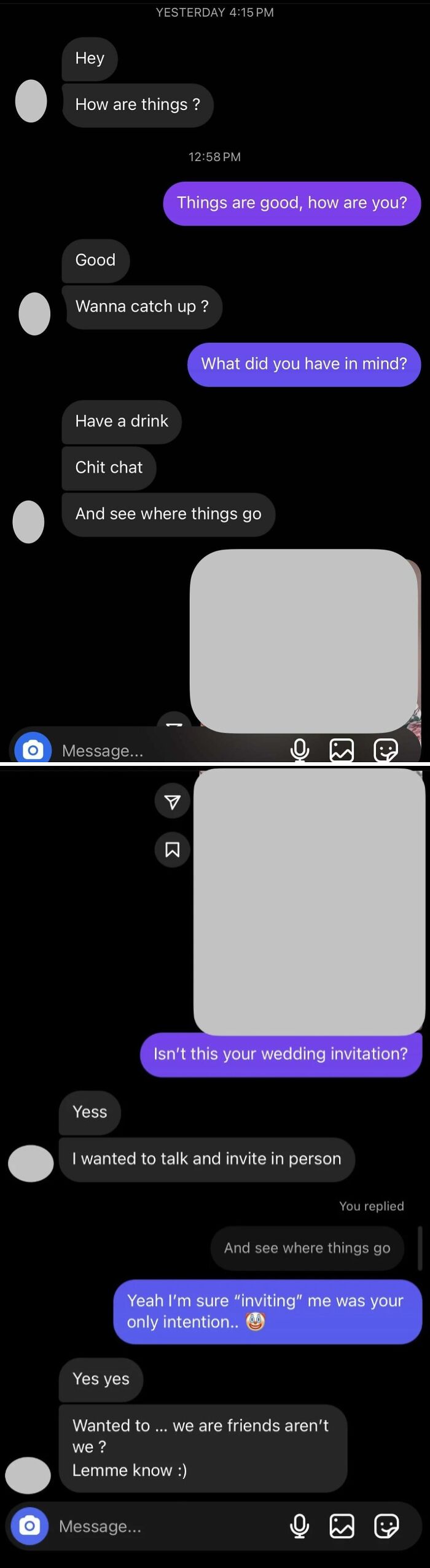 A long screenshot of bad dating texts, showing a person trying to invite someone to a wedding and failing.
