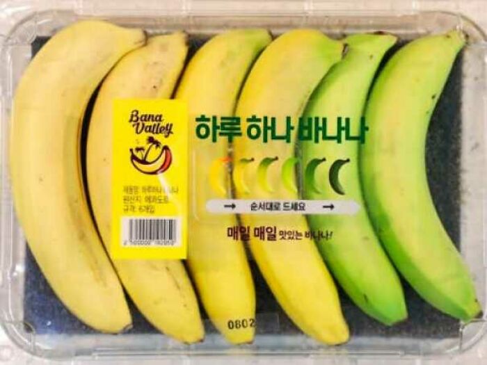 A pack of bananas showing different ripeness stages, a simple idea to solve everyday problems.