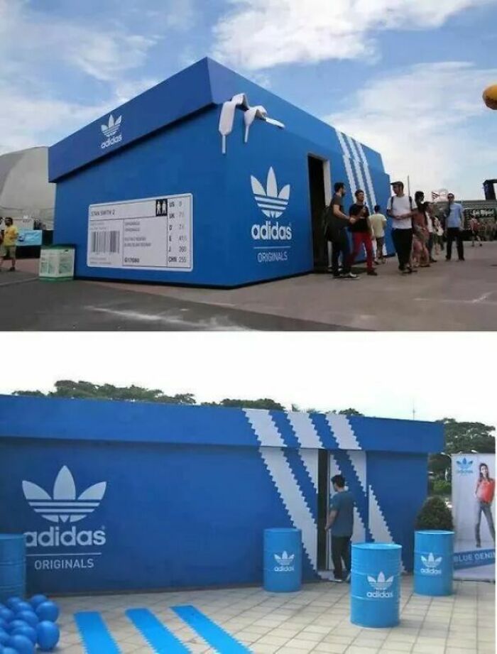 A building shaped like a giant Adidas shoe box, an example of a simple and genius idea for a business.