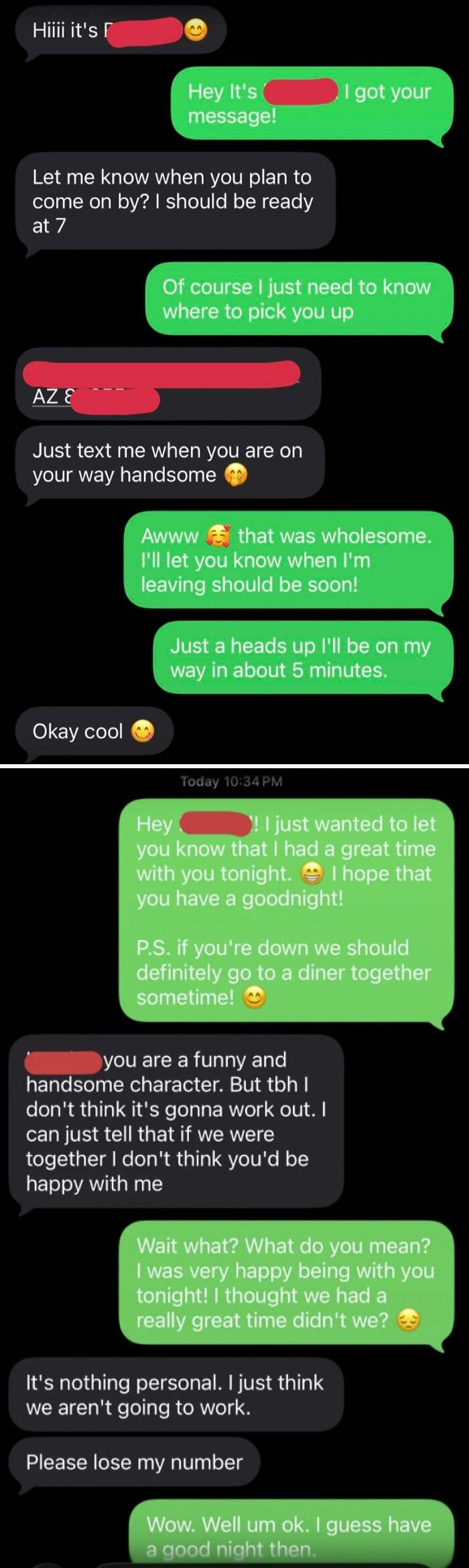 A screenshot of a dating text conversation showing a pleasant exchange followed by an abrupt rejection: Please lose my number.