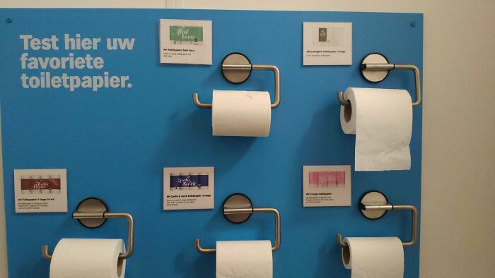 A display of different toilet paper rolls on a blue board, showcasing simple and genius ideas for everyday problems.