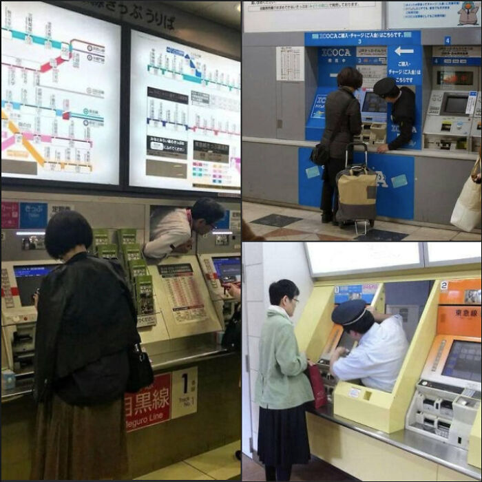A collage of four images showing different Genius Ideas in Japan solving Everyday Problems with ticket machines.