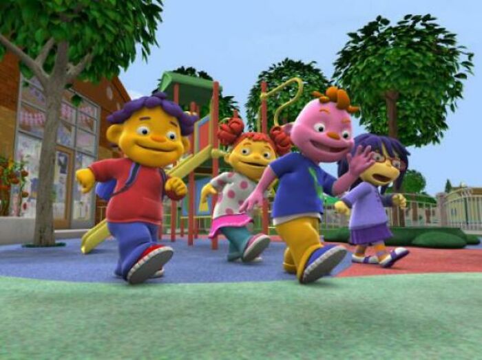Four animated children running and playing happily on a colorful playground, a joyful scene from commercials people can't stand.