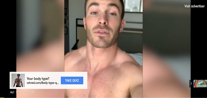 A shirtless man looking directly at the camera, promoting a quiz about body types, an advertisement that some people can't stand.