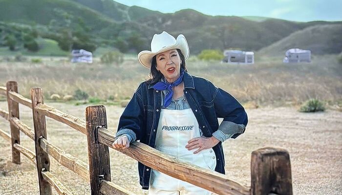 A woman dressed as a cowboy in a field with a fence, representing Progressive commercials.