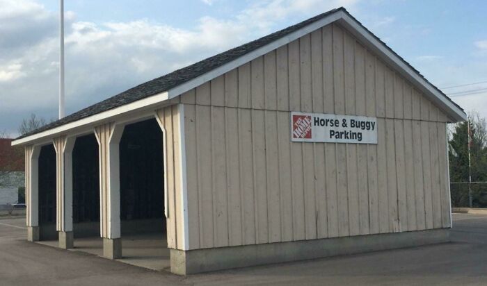 A surprisingly simple and genius idea: a Horse & Buggy Parking structure at a Home Depot, solving an everyday problem.