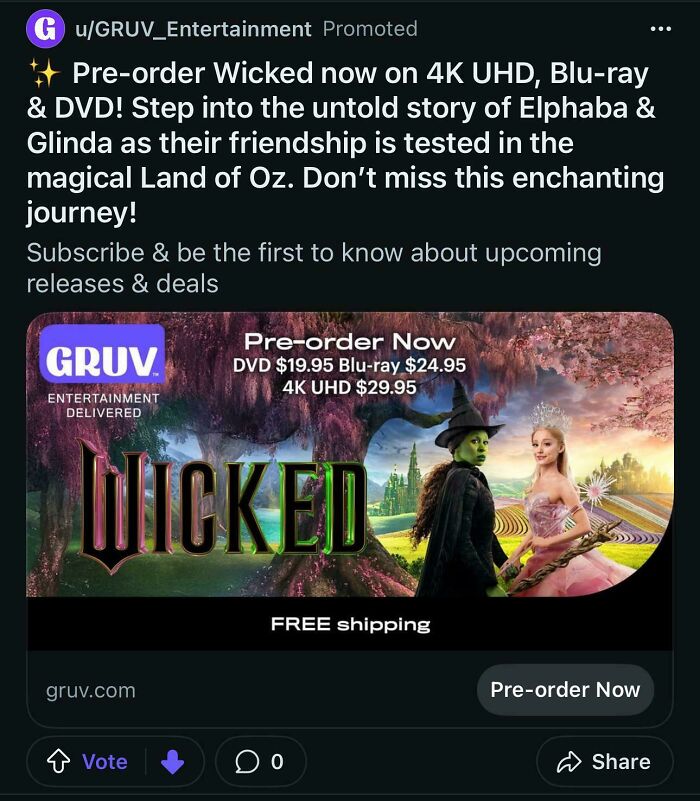 An advertisement for the movie Wicked showing the Wicked Witch and Glinda, an example of a promoted commercial.