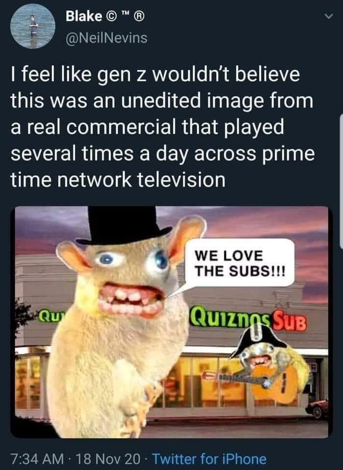 Quiznos commercial creatures with text WE LOVE THE SUBS, a gen z viral image.