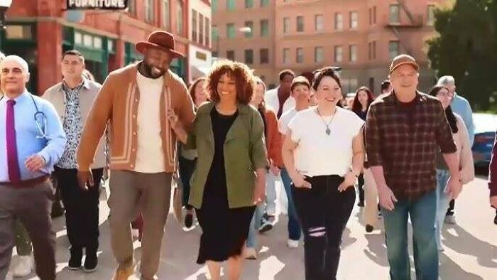 A diverse group of people walking on a city street, likely part of an ensemble in commercials.