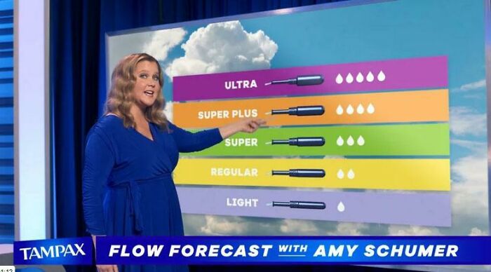 Amy Schumer presenting a flow forecast, featured in commercials people can't stand.