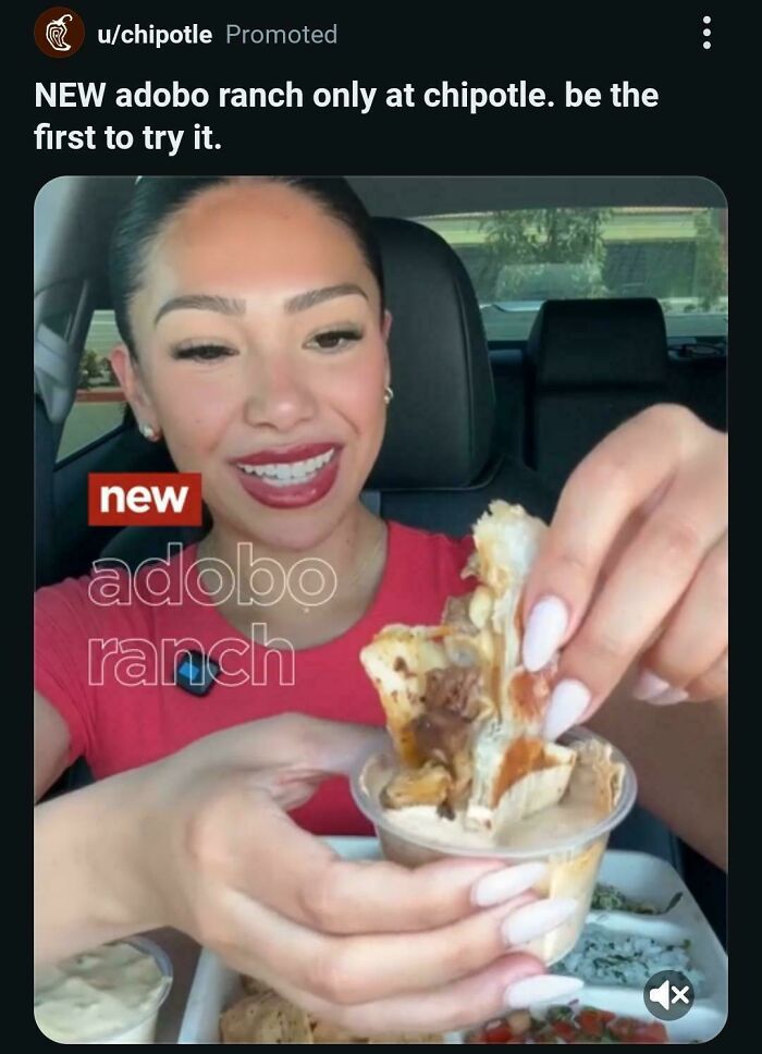 Woman enjoying Chipotle adobo ranch, a commercial promoting new menu items.