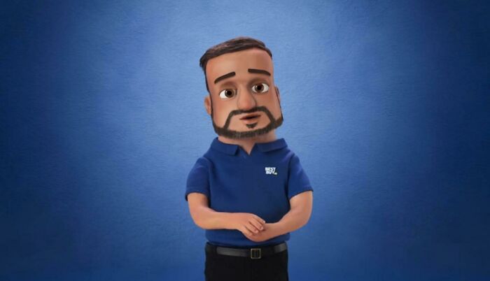 A animated Best Buy employee puppet on a blue background, representing people in commercials.