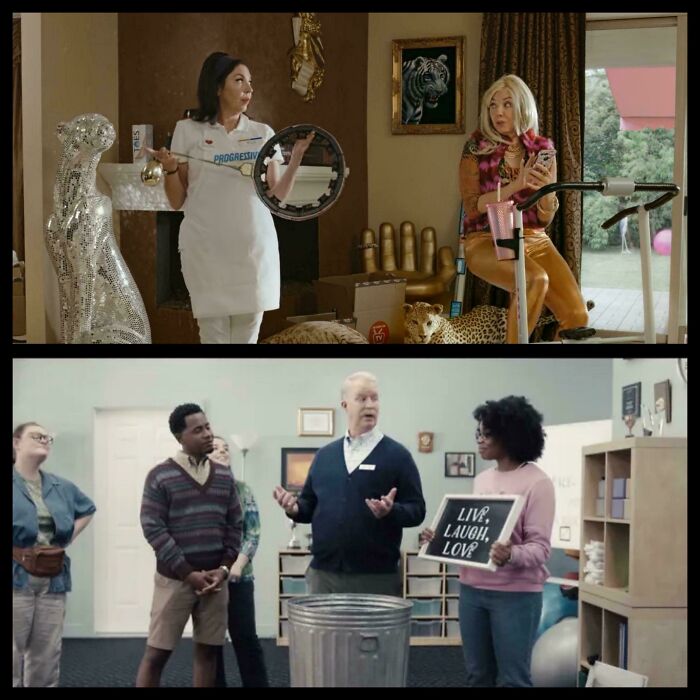 Two scenes from commercials that people cant stand, featuring Flo from Progressive and a group with a Live, Laugh, Love sign.